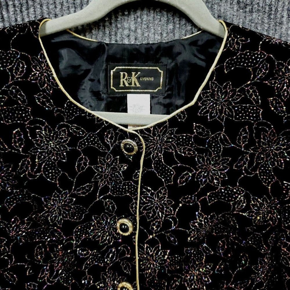 VINTAGE R&K Evening Blazer Jacket Women's 8P Black Velvet Floral Glitter Formal - Picture 2 of 9